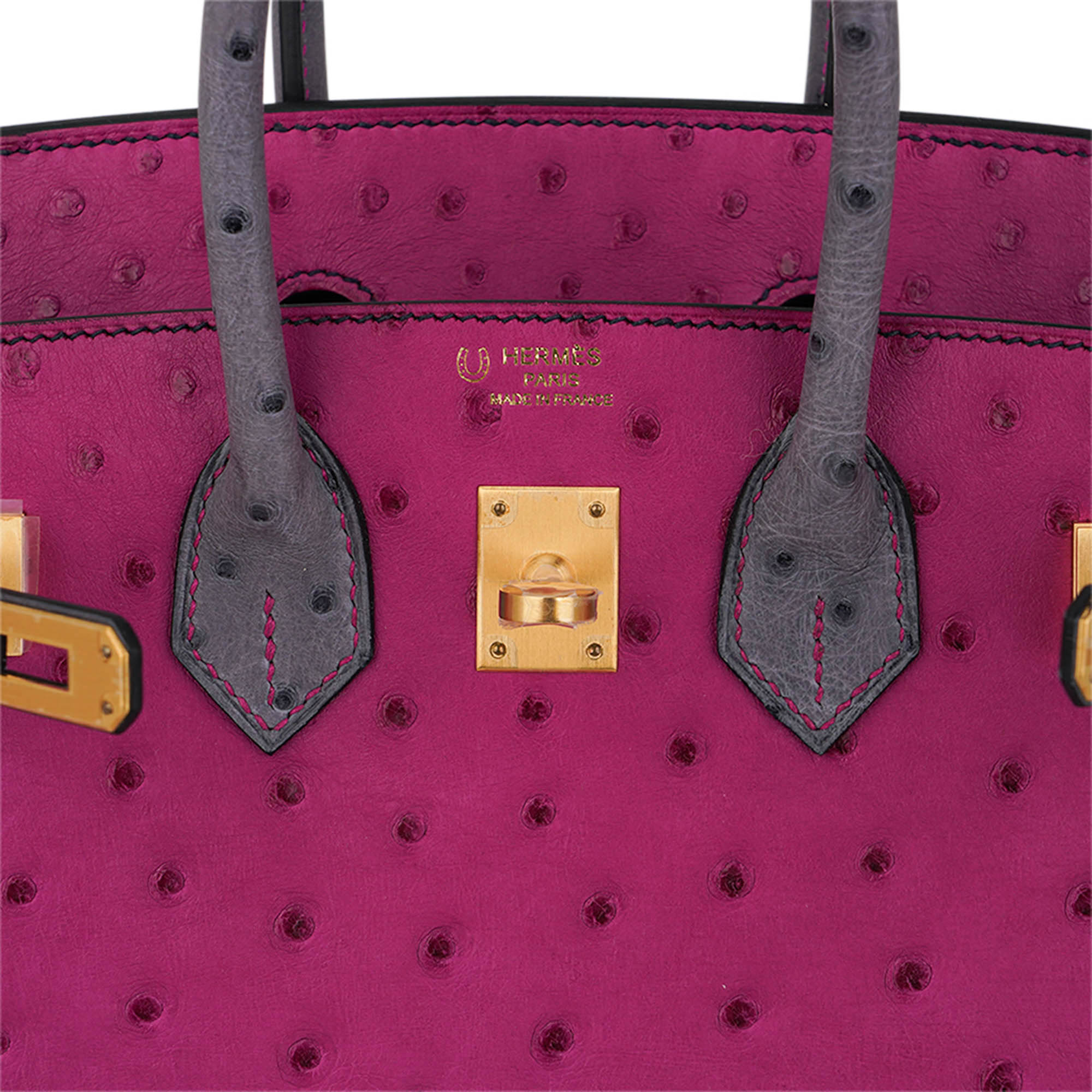 Birkin HSS 25 Bag Rose Pourpre and Gris Agate Ostrich with Gold Hardware